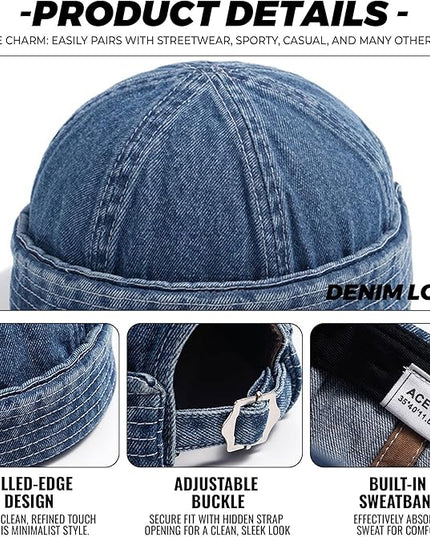 Croogo Denim Docker Hat Fashion Brimless Beanie Hat Retro Worker Skull Cap Rolled Cuff Sailor Cap Hip Hop Dancing Watch Cap