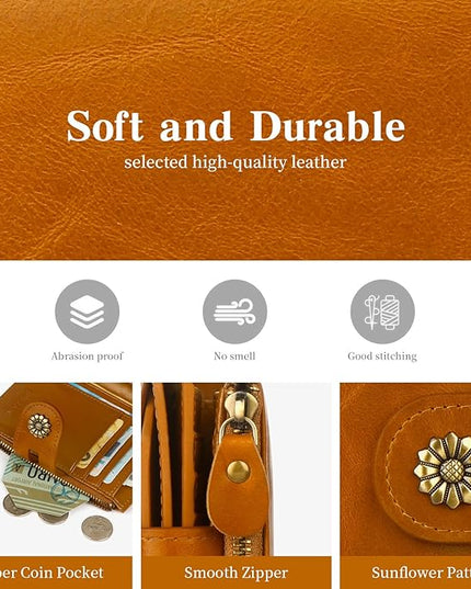 Blucoay Leather Wallet Women,RFID Blocking Womens Wallet Bifold Compact Card Holder Small Wallet for Women with Removable ID Window LightBrown