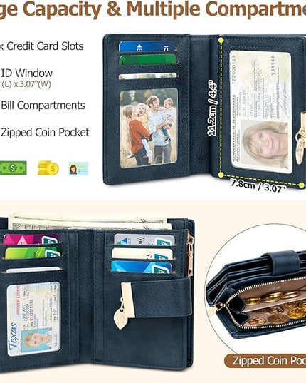 HUANLANG Small Wallets for Women Rfid Blocking Leather Bifold Credit Card Holder Ladies Wallet Zipper Pocket with ID Window