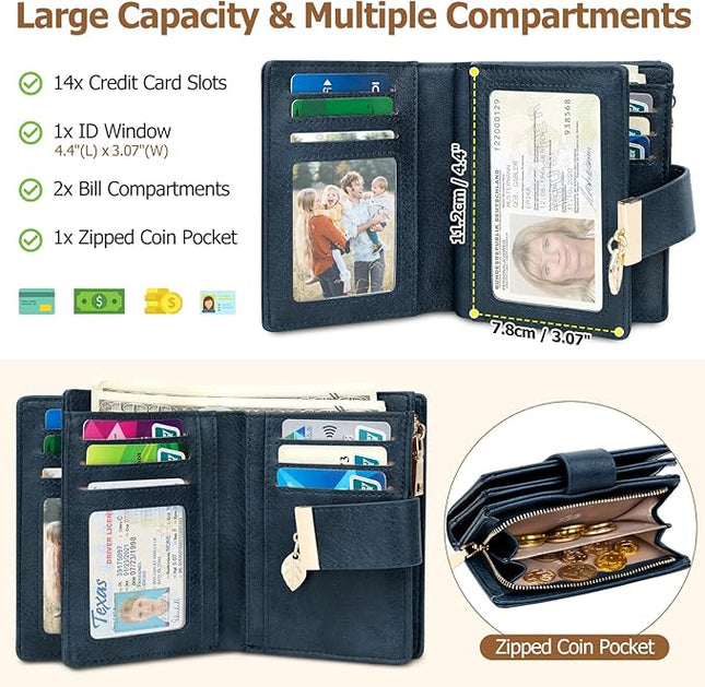 HUANLANG Small Wallets for Women Rfid Blocking Leather Bifold Credit Card Holder Ladies Wallet Zipper Pocket with ID Window