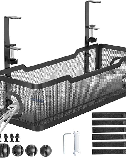 Under Desk Cable Management Tray Black, Cinati Wire Organizers No Drill, Cable Tray with Clamp for Wire Management, Cord Organization Box for Office, Home - No Damage to Desk