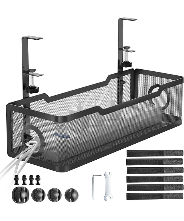 Under Desk Cable Management Tray Black, Cinati Wire Organizers No Drill, Cable Tray with Clamp for Wire Management, Cord Organization Box for Office, Home - No Damage to Desk
