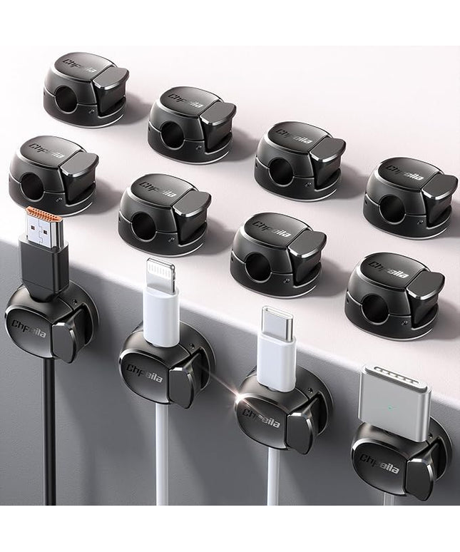 12Pack Cord Organizer [Dual Spring & Clasp, Max Secure] Cable Clips - Chfeila Cord Holder, Desk Cable Management, Adhesive Phone Charging Wire Holder for Nightstand/Car/Wall, Office Accessory - Black