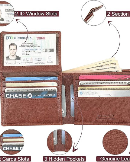 BOTANNER Genuine Leather Mens Bifold Flip ID Wallet RFID Blocking 8 Credit Card Slots 2 ID Window 2 Sections for Bills 3 Additional Slots | Choco