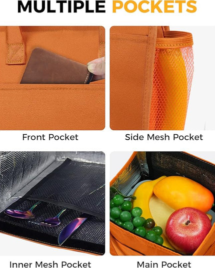 Fmeida Insulated Lunch Bag Women, 9L Large Lunch Bags with Multiple Pockets, Reusable Thermal Cooler Tote for Work, Office, Picnic, Travel | Hook and Loop Closure, Orange