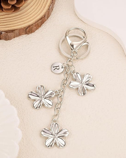 XGALBLA Gold/Silver Initial Keychain Flower Charms for Key Cute Letter Keyring for Purse Handbag Backpack