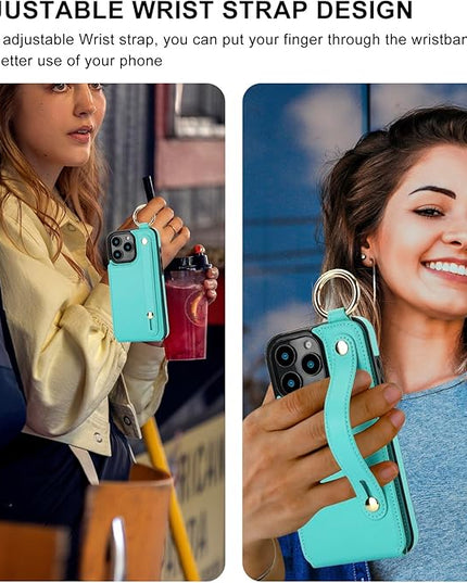 Folosu for iPhone 16 Pro Max Wallet Case with Card Holder, Hand Wrist Strap Loop Holder Kickstand, RFID Blocking Finger Grip Ring PU Leather Double Buttons Shockproof Cover 6.9" Green