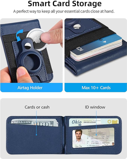 For Magsafe Wallet Stand with Airtag Holder, Strongest Magnetic Phone Wallet for iPhone 17/16/15/14/13/12 Series, ID Window, 4 Card Slots, 10 Cards Holder, Vegan Leather, RFID Blocking, Navy Blue