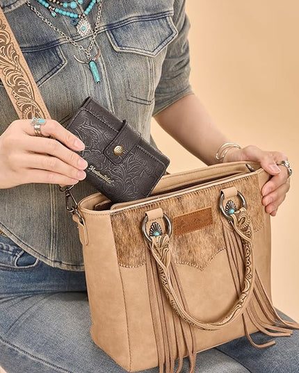 Montana West Small Black Wallet for Women Western Embossed Floral Wallet Trifold Credit Card Cash Wallets Ladies Female Travel Clutch Wallets with ID Window