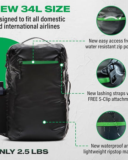 COR Surf 34L Carry On Travel Backpack | TSA and Airline Flight Approved Personal Luggage Style Backpack | The Island Hopper 2.0 | 34L Black Waterproof Edition | FREE S-Clip Included