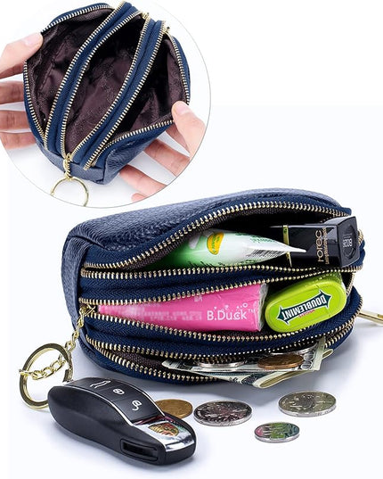 LINNO 3 Zippered Genuine Leather Coin Purse Triple Capacity Change Pouch Little Travel Wallet With Key Ring for Women