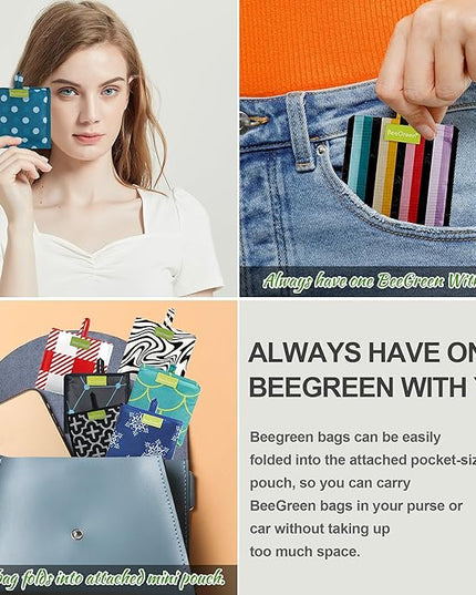 BeeGreen Reusable Grocery Bags Geometry Design - Pack of 6 Foldable Totes for Women with Pouch,X-Large 50lbs Capacity Machine Washable Polyester Sturdy Shopping Bags for Women Travel Shopping