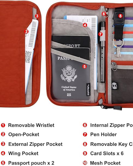 ZOPPEN Passport Holder Family RFID Passport Wallet, Passport Holder Women/Men, Travel Wallet Documents Organizer Zipper Case with Removable Wristlet Strap, Travel Essentials for Flying