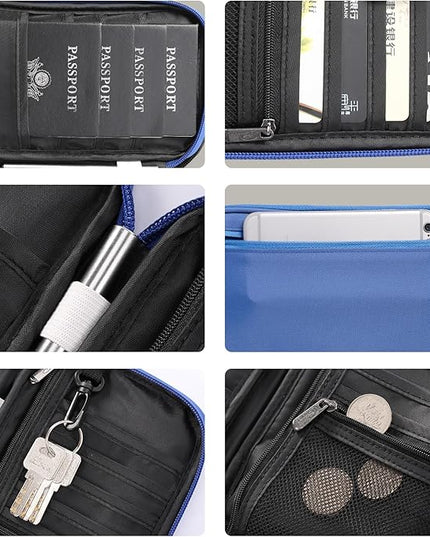Travel Passport Holder, Large Family Passport Walle for Men Women RFID Passport Cover Lightweight Portable Document Organizer with Wrist Strap (Blue)