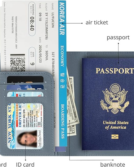 Passport Holder for Travel Essentials,RFID Blocking Passport Cover Wallet Card Case for Women and Men (Navy Gray)