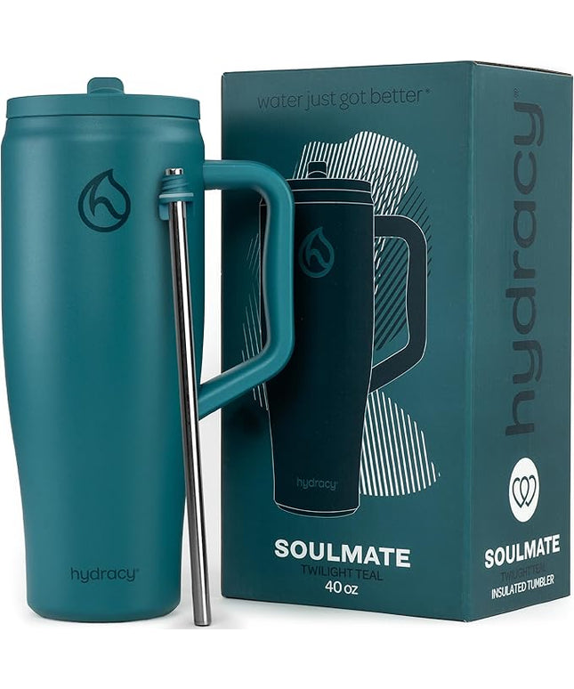 Hydracy Soulmate Insulated Tumblers with Handle and Stainless Steel Straw - 100% Leakproof Reusable Insulated Cup - Cupholder Friendly Rubber Base Travel Mug - Twilight Teal