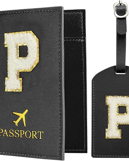 PATIKIL Passport Holder for Travel, Initial Passport Cover and Luggage Tag Set with Alphabet Chenille Letter Patch Travel Wallet Bag Suitcase Identifier for Women Family Travel Black P