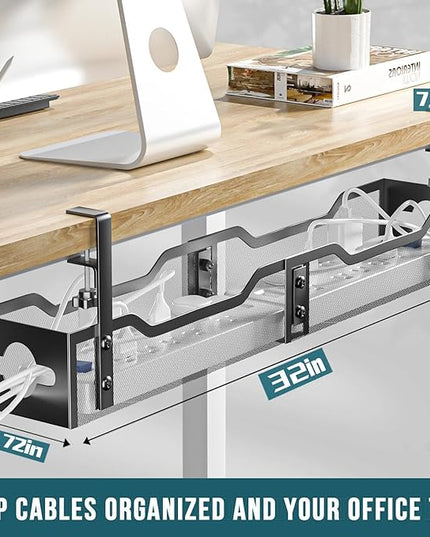Under Desk Cable Management Tray 32'', Cable Management Under Desk No Drill, Cable Organizer with Clamp for Wire Management, Cord Organizer for Office, Home - No Damage to Table (Black)