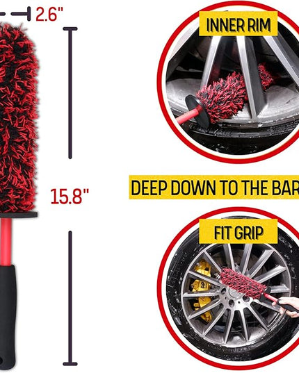 Metal Free Microfiber Wheel Brush Kit- Microfiber Angled Wheel Brush, Long Handle Wheel Brush, Tire& Detailing Brush, Wheel Wash Mitt. Hands-On Wheel Detailing Kit for Daily Wheel Cleaning