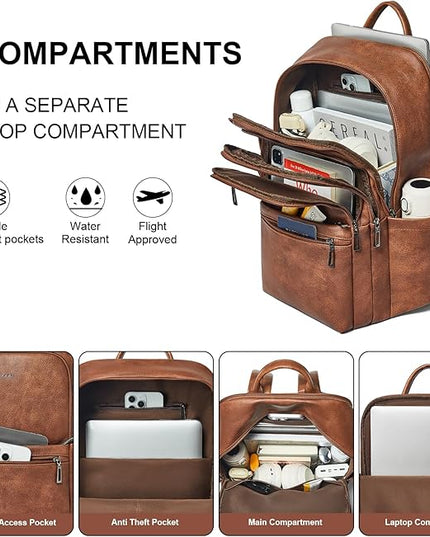 Shrrie 17 inch Leather Laptop Backpack for Women, Large Travel Backpack with 6 Compartments, Vegan Leather Computer backpack purse for WORK Casual Daypack College