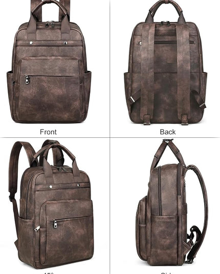 MASINTOR Leather Laptop Backpack for Women, Stylish Computer Backpack College Business Work Shoulder Bags Work and Travel Retro Coffee