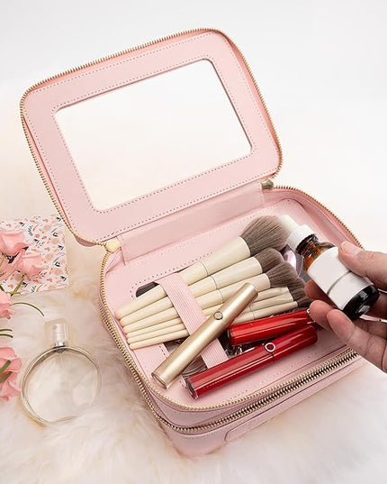 Aveniee XL Clear Makeup Organizer,Double Layer Travel Cosmetic Case with Brush Holder & Zippered Compartments, Large Toiletry Bag Train Case for Women.2 Layers, Pink