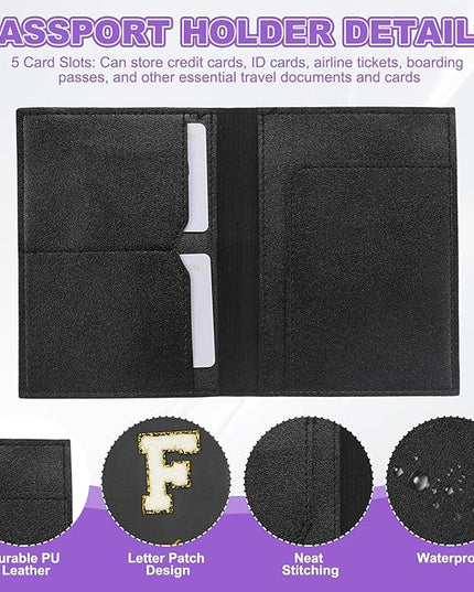 PATIKIL Passport Holder for Travel, Initial Passport Cover and Luggage Tag Set with Alphabet Chenille Letter Patch Travel Wallet Bag Suitcase Identifier for Women Family Travel Black F