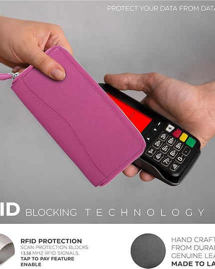 Oak Leathers Pink RFID Leather Wallet for Women - Womens Wallet Clutch with 8 Credit Card Holder, Coin Pocket, Gift for Women’s