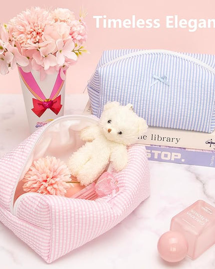 6PCS Cozy Makeup Bag SET Travel Cosmetic Bag for Women Soft Toiletry Bag Aesthetic Makeup Organizer Portable Large Zipper Pouch for Skincare Beauty Accessories Brushes Stripe Pink