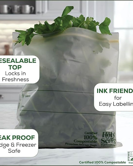 100% Compostable Food Storage Bags QUART Size - 80 Pack - Resealable Extra Strength Zip Seal Bags Made from Plants, Eco Friendly, Freezer Safe - BPI Certified, OK Compost Home