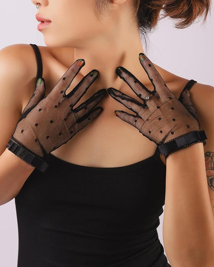 Sacina Goth Black Mesh Lace Bow Gloves, Gothic Y2k Lolita Vintage Costume Accessories