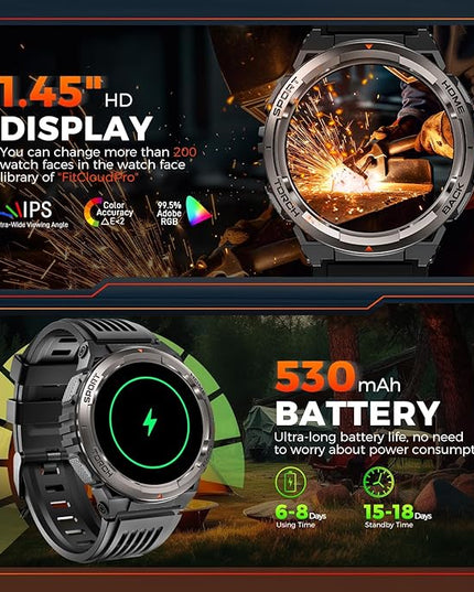 KE5 Military Smart Watch for Men with Flashlight SOS 3ATM Waterproof Watch 530mAh Big Battery 1.45" Rugged Tactical Smartwatch with Compass Elevation Barometer Fitness Watch for iPhone (Brown+OLight)