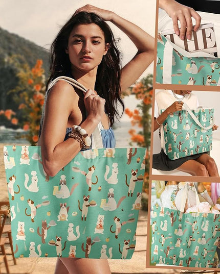 Large Tote Bag for Women - Aesthetic Cute Big Canvas Bags with Zipper Cotton Shoulder Bag for Gym, Travel, Work