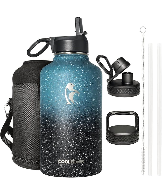 Coolflask 64 oz Water Bottle Insulated with Straw&3 Lids, Half Gallon Water Jug Galaxy Large Metal Stainless Steel Vacuum Flask for Gym, Sports and Travel, Keep Cold 48H Hot 24H,Turquoise