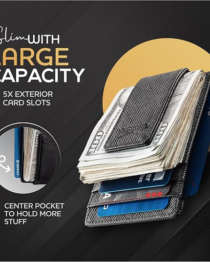 Money Clip Leather Wallet For Men Slim Front Pocket RFID Blocking with Super Strong Magnetic