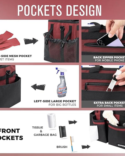Compact Wearable Cleaning Caddy, Small Cleaning Caddy Supplies Organizer with Handle & Shoulder Straps for Housekeepers, Under Sink & Car Cleaning Tool Organizers Bag (AncoraRed)