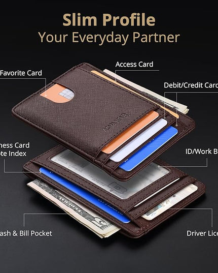 Buffway Slim Minimalist Front Pocket RFID Blocking Leather Wallets for Men and Women - Cross Coffee