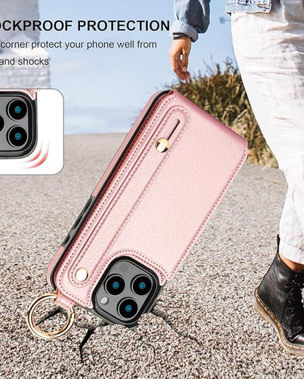 Folosu for iPhone 16 Pro Max Wallet Case with Card Holder, Hand Wrist Strap Loop Holder Kickstand, RFID Blocking Finger Grip Ring PU Leather Double Buttons Shockproof Cover 6.9" Rose Gold