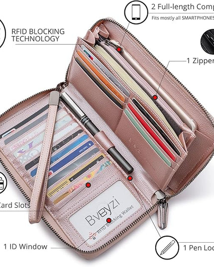 Bveyzi Women RFID Blocking Wallet Leather Zip Around Phone Clutch Large Capacity Ladies Travel Purse Wristlet | RFID Blocking, Zip Around, Large Capacity