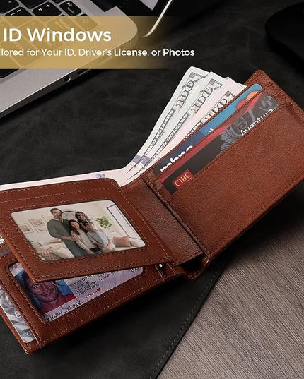 RUNBOX Wallet for Men Bifold RFID Blocking Wallets with 2 ID Window 14 Card Holders 1 cash pocket 1 Gift Box