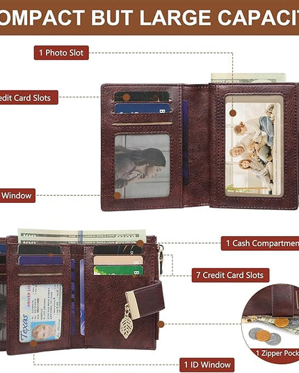 yiijay Small Wallet Women RFID Blocking Leather Bifold Wallet Credit Card Holder for Women Ladies Compact Wallet Mini Purse With Zipper Pocket