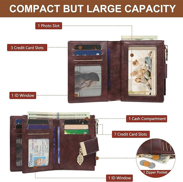 yiijay Small Wallet Women RFID Blocking Leather Bifold Wallet Credit Card Holder for Women Ladies Compact Wallet Mini Purse With Zipper Pocket