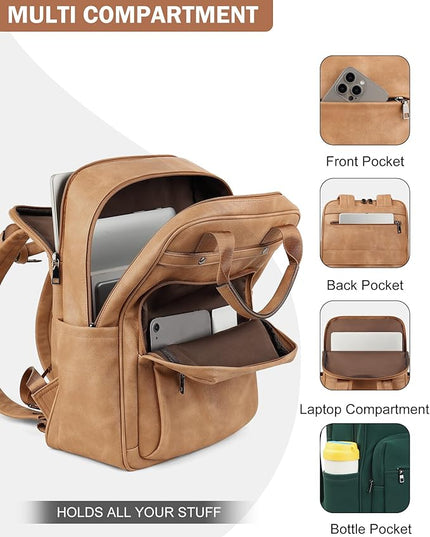 MASINTOR Leather Laptop Backpack for Women, Stylish Computer Backpack College Business Work Shoulder Bags Work and Travel Retro Camel