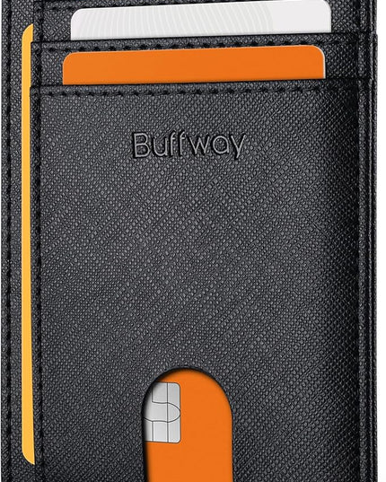 Buffway Slim Minimalist Front Pocket RFID Blocking Leather Wallets for Men and Women - Cross Black