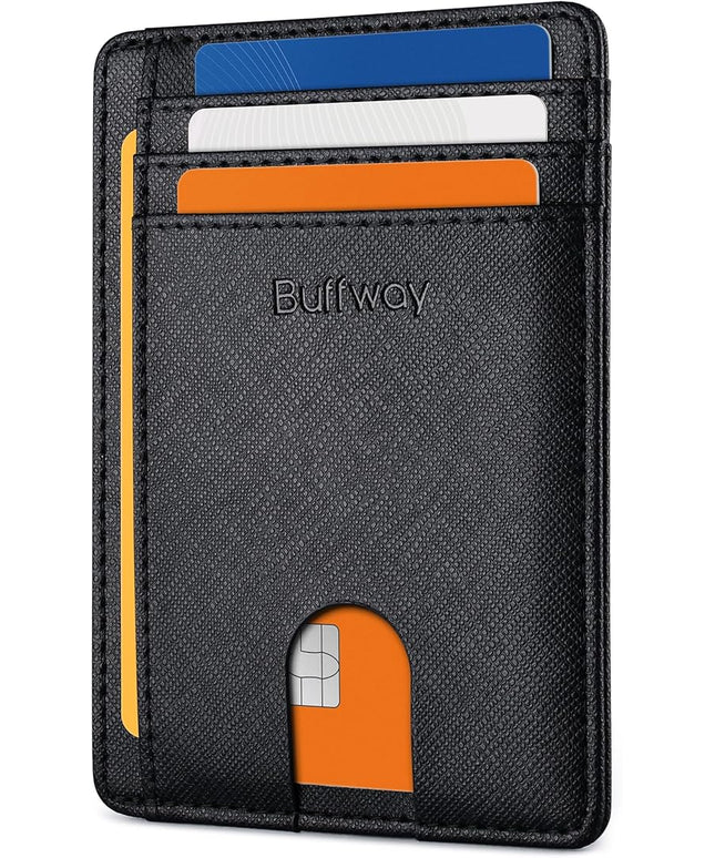 Buffway Slim Minimalist Front Pocket RFID Blocking Leather Wallets for Men and Women - Cross Black