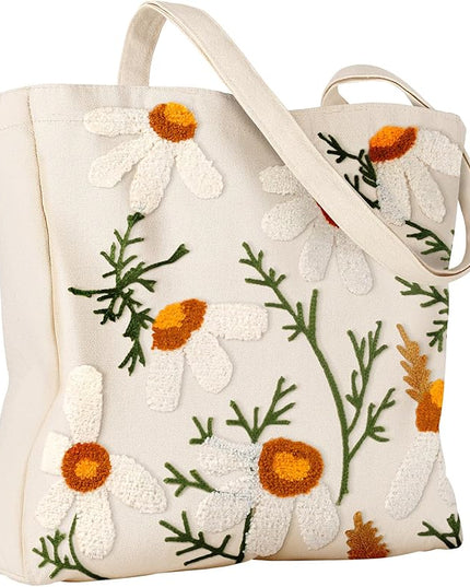 Aesthetic Embroidery Tote Bag for Women - Reusable Canvas Cute Shoulder Bag for Shopping, Grocery, Work, Book