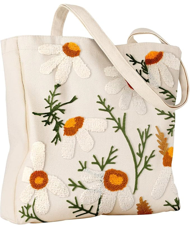 Aesthetic Embroidery Tote Bag for Women - Reusable Canvas Cute Shoulder Bag for Shopping, Grocery, Work, Book