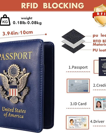 2 Pcs Passport Holder for Travel Card Slot Combo RFID Blocking Leather Family Passport Wallet Travel Accessories for Men Women (Blue and black)