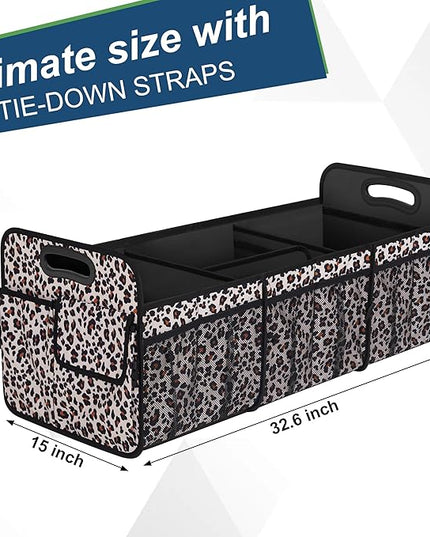 Femuar Collapsible Trunk Organizer - 90L Large Capacity with 15 Pockets, Waterproof for SUV/Car/Jeep/Sedan, Extra Large Leopard Print