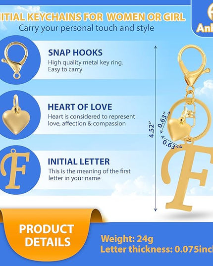 A-Z Heart Initial Letter Keychain, Stainless Steel Alphabet Charm for Handbags, Gift for Women and Girls